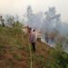 Petugas melakukan upaya pemadaman api yang membakar hutan di Desa Ngadas.