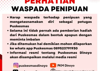 Poster imbauan waspada penipuan mengatasnamakan puskesmas.