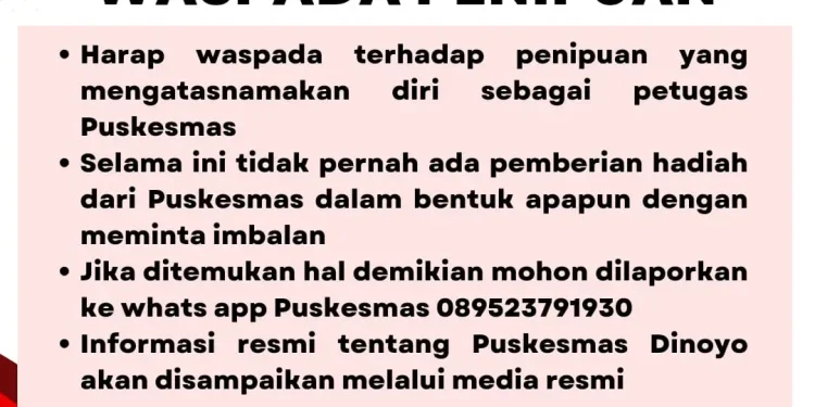 Poster imbauan waspada penipuan mengatasnamakan puskesmas.