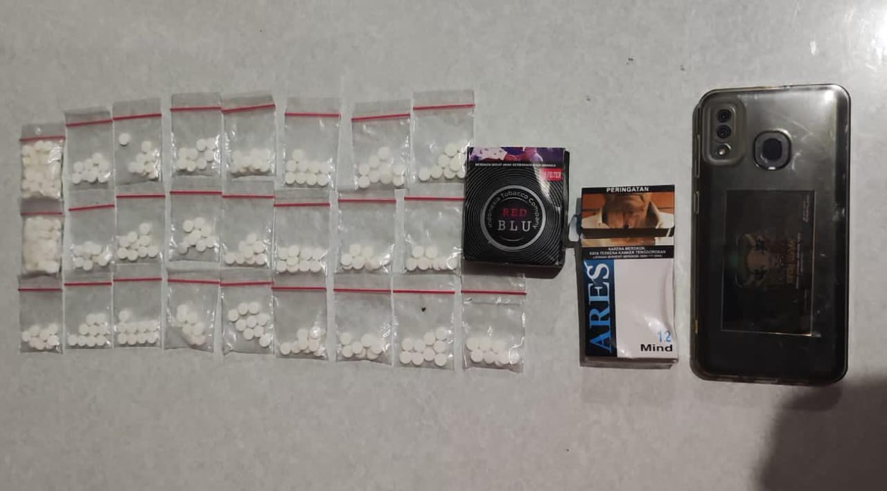 Barang bukti berupa 29 paket pil koplo dan ponsel milik tersangka.