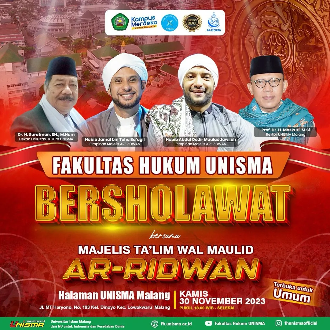 Puncak Dies Natalies FH Unisma dikemas dalam Fakultas Hukum Bersalawat. 