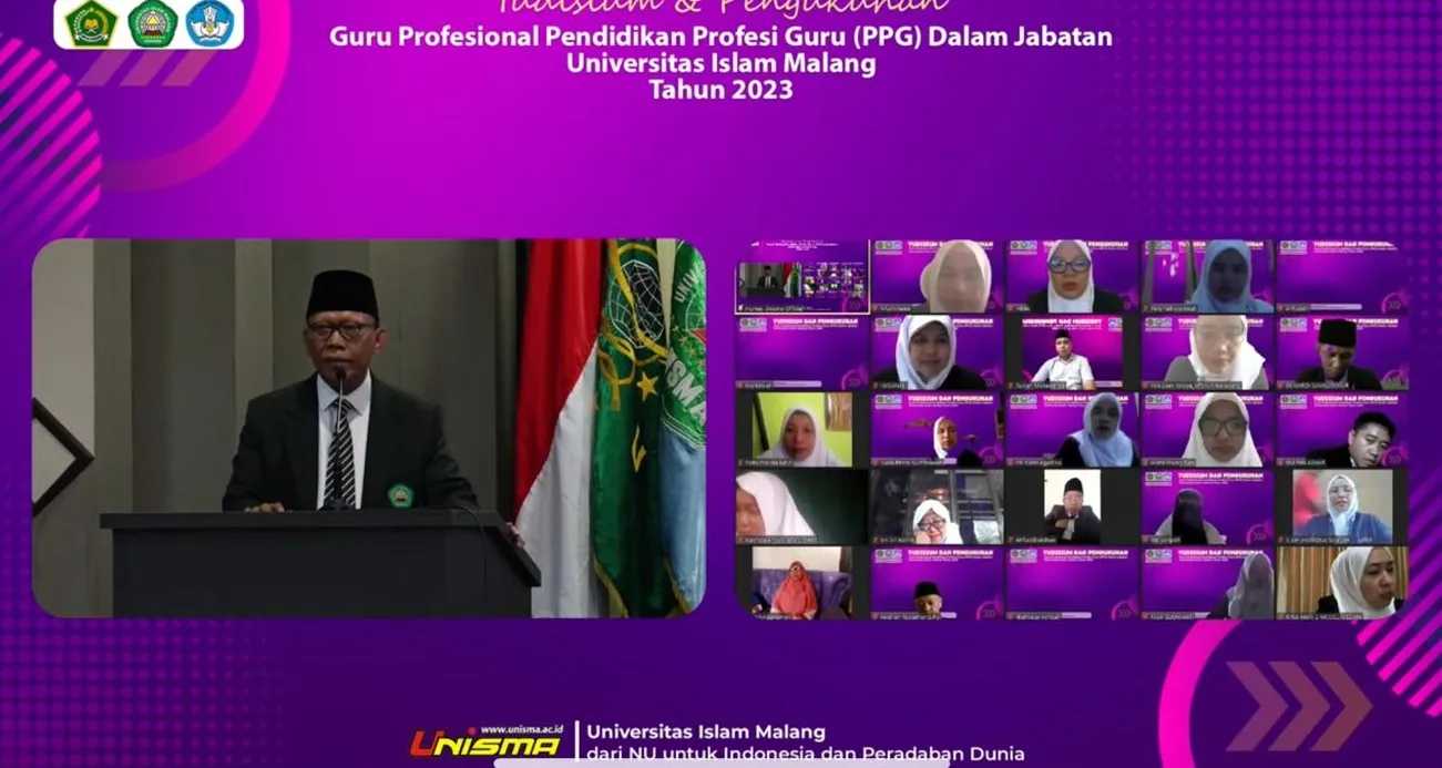Rektor Unisma, Prof Dr Maskuri, pada saat sambutan dalam Yudisium dan Pengukuhan Guru Profesional Pendidikan Profesi Guru (PPG) Dalam Jabatan yang berlangsung hybrid.