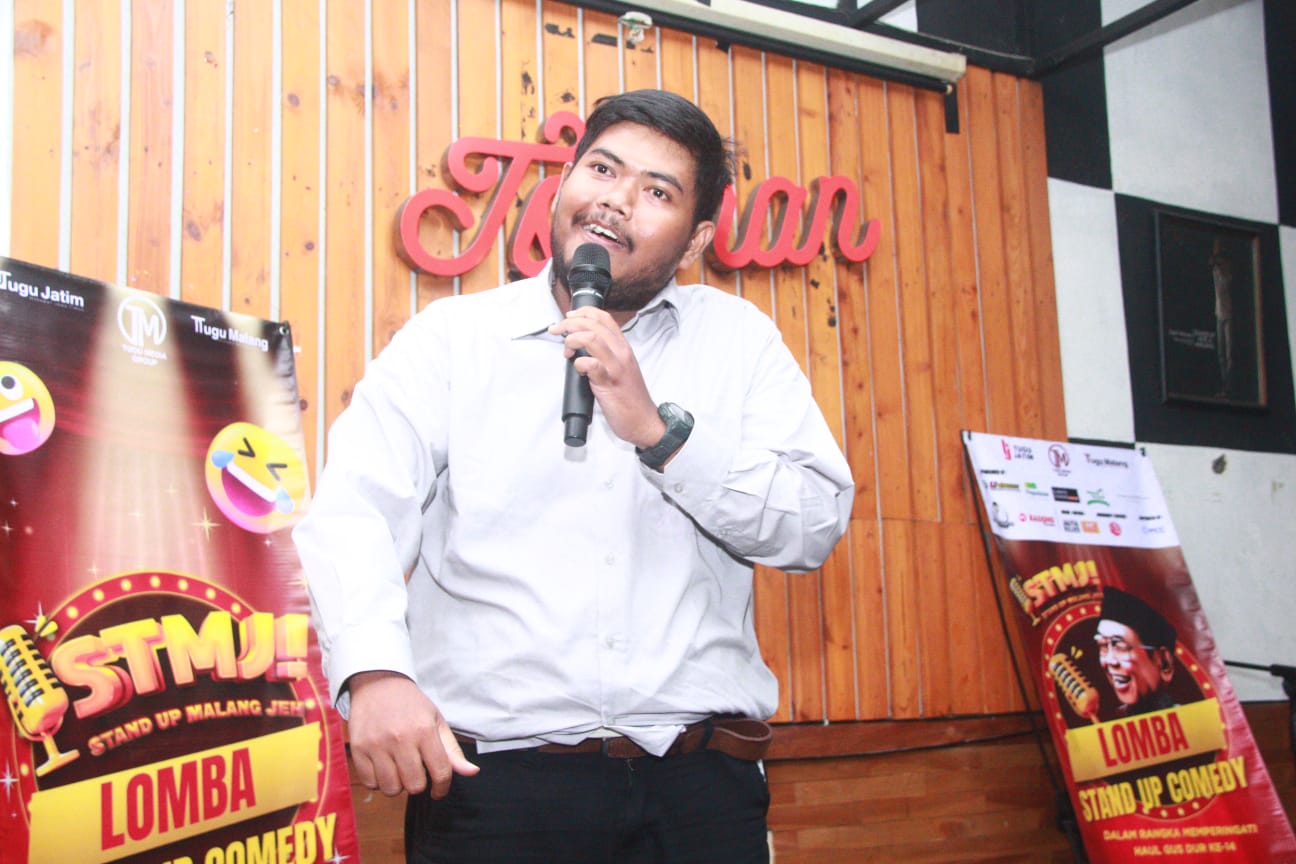 Mochamad Mukti Irawan peserta yang berhasil lolos ke final lomba Stand Up Malang Jeh (STMJ). 