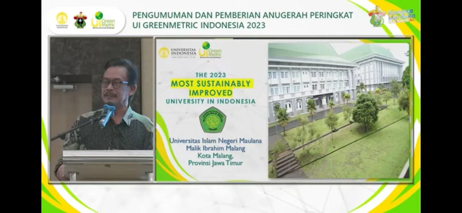 Tangkapan layar Rektor UIN Malang saat menerima anugerah peringkat UI GreenMetric yang juga digelar daring.