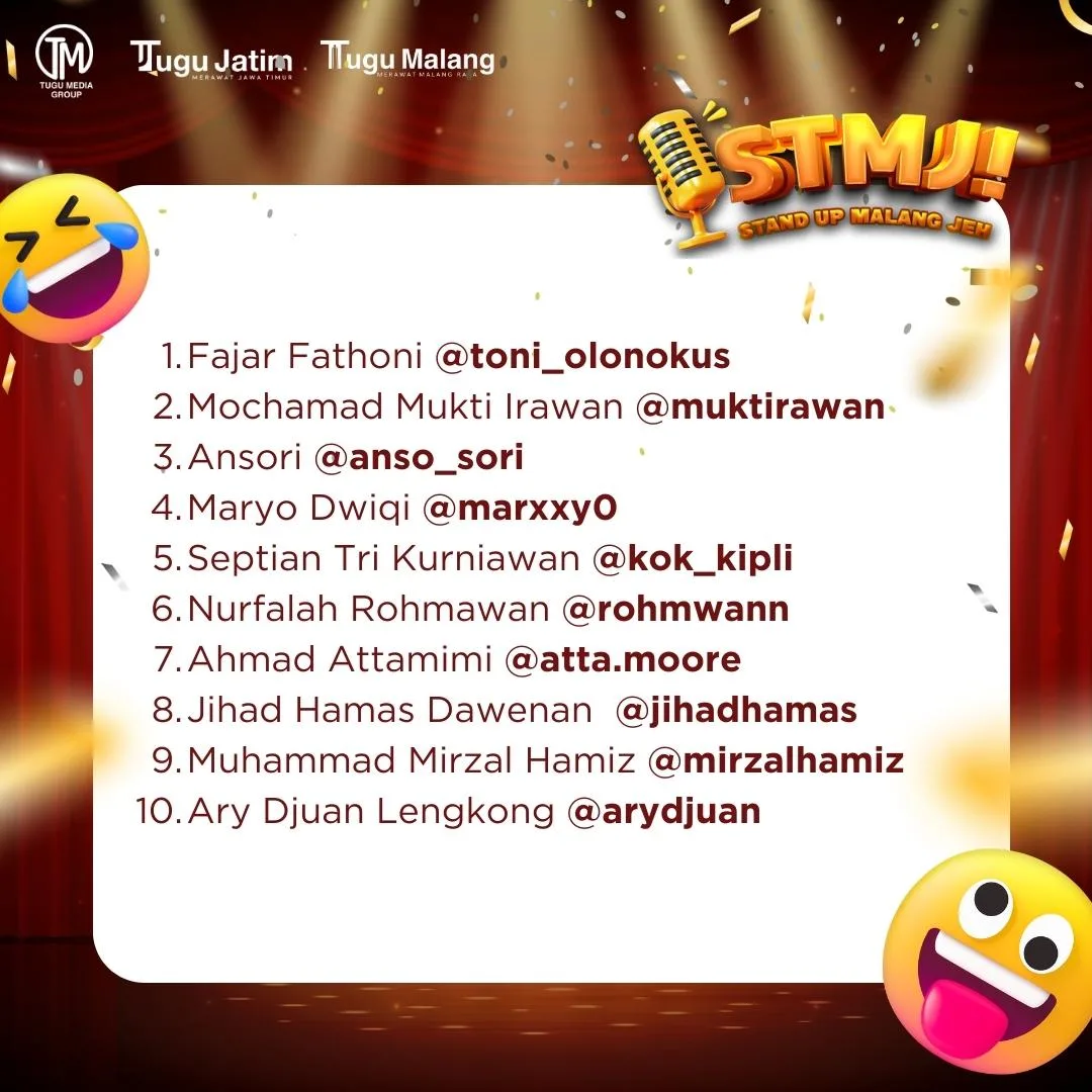 Daftar 10 besar peserta kompetisi Stand Up Malang Jeh atau STMJ Tugumalang.id.