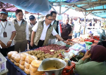 Pj Wali Kota Batu, Aries Agung Paewai saat meninjau kestabilan harga kebutuhan pokok termasuk bawang merah. Pemkot Batu ajukan Desa Torongrejo jadi pusat pengembangan bawang merah.