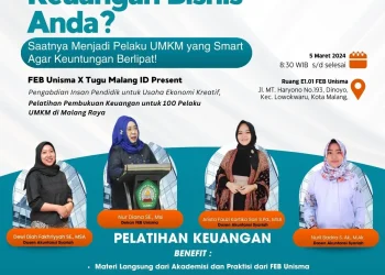 Poster acara pelatihan keuangan oleh Tugu Media bersama FEB Unisma.