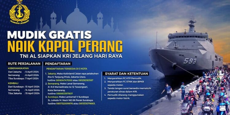 Informasi syarat dan cara pendaftaran Mudik Gratis Naik Kapal Perang yang diselenggarakan oleh TNI AL /Foto: Instagram @tni_angkatan_laut
