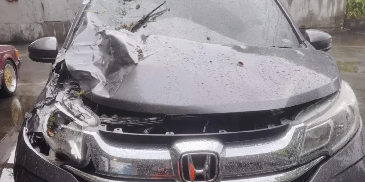 Kondisi mobil yang tertimpa pohon tumbang. Foto: PMI Kabupaten Malang