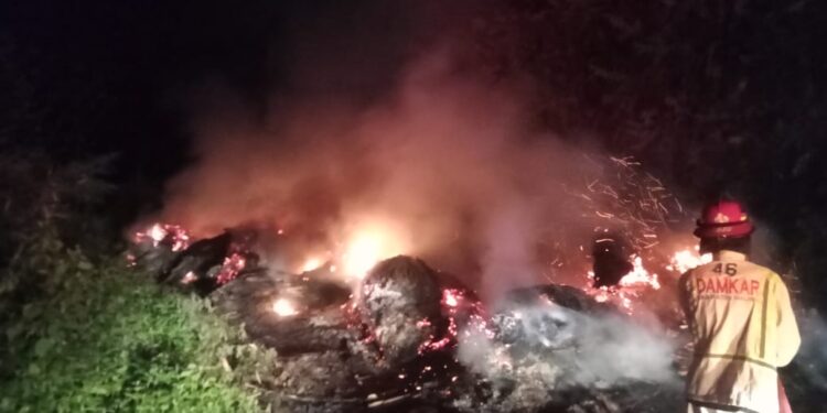 Petugas melakukan penanggulangan kebakaran di penampungan limbah triplek. Foto: Damkar Kabupaten Malang