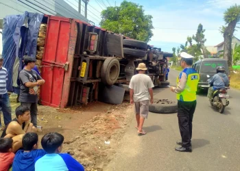 Truk terguling di Kepanjen, Kebupaten Malang, akibat roda belakan lepas. Foto: Satlantas Polres Malang