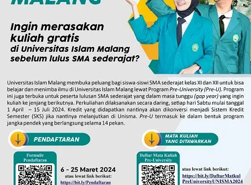 Pamflet pendaftaran Pre-University Unisma Malang. Foto / dok Unisma