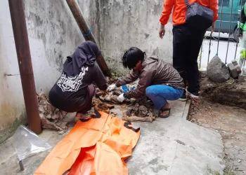 Petugas mengevakuasi penemuan tulang manusia terbungkus karung di Galunggung, Kota Malang. (Foto/dok for TM)