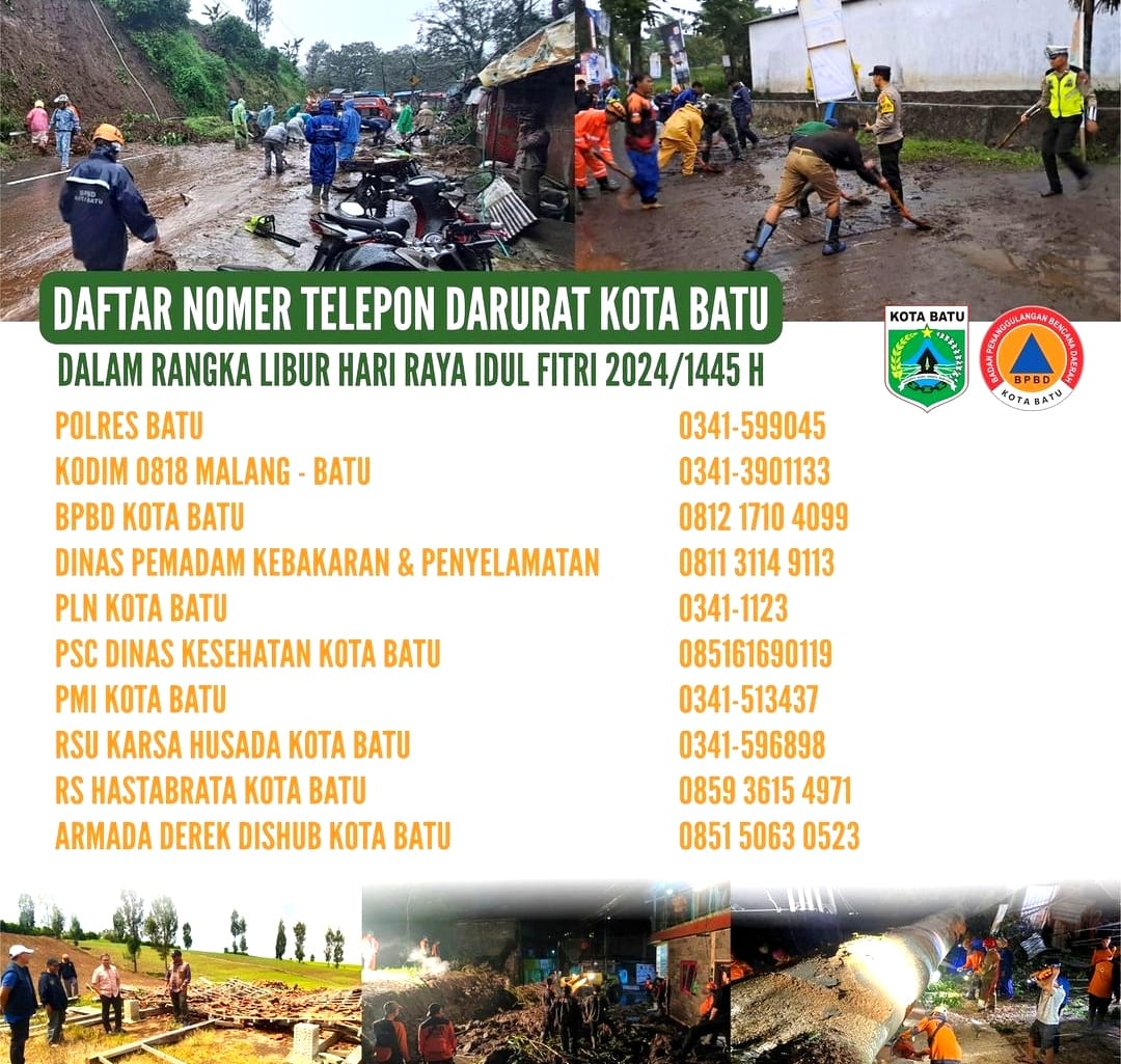 Daftar nomor layanan darurat di Kota Batu selama periode libur lebaran 2024. Foto: BPBD Kota Batu