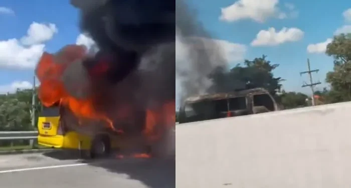 Satu unit minibus terbakar di Jalan Tol Surabaya-Malang KM 64 pada hari Sabtu (13/4/2024) /Foto: Tangkapan layar media sosial X, @infomalang