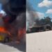 Satu unit minibus terbakar di Jalan Tol Surabaya-Malang KM 64 pada hari Sabtu (13/4/2024) /Foto: Tangkapan layar media sosial X, @infomalang
