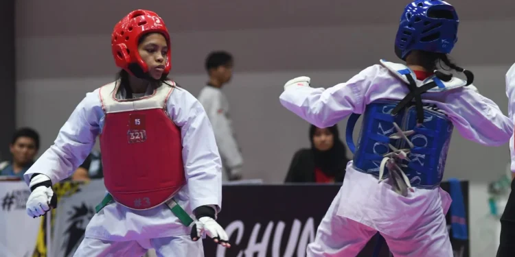 Pertandingan Kejuaraan Taekwondo Piala Pj Wali Kota Malang. (Foto/M Sholeh)