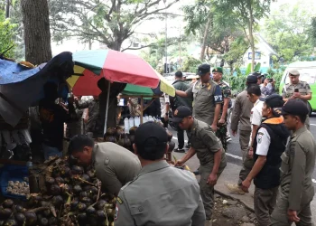 Petugas Satpol PP saat penertiban membongkar lapak liar para pedagang di pinggir jalan. Foto: Azmy