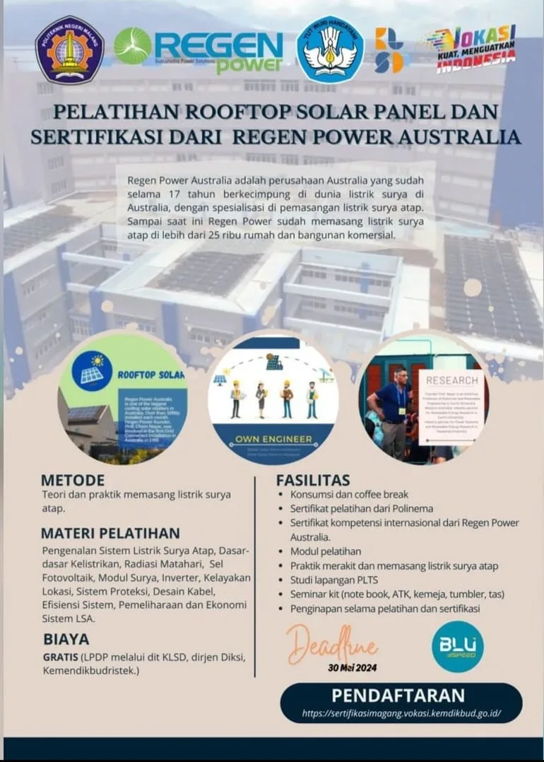 Pamflet kegiatan pelatihan internasional Polinema bersama Regen Power Australia/Foto: Instagram @polinema_campus.