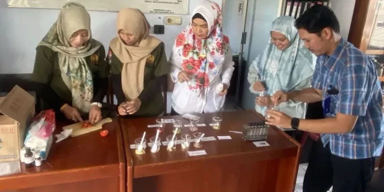 Petugas DKP Kabupaten Malang melakukan uji cepat pestisida dan formalin di bahan makanan. Foto: DKP Kabupaten Malang