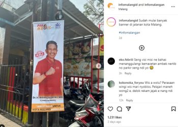 Ilustrasi pemasangan banner Wahyu Hidayat yang viral di Kota Malang. (Tangkapan layar Instagram @infomalangan)