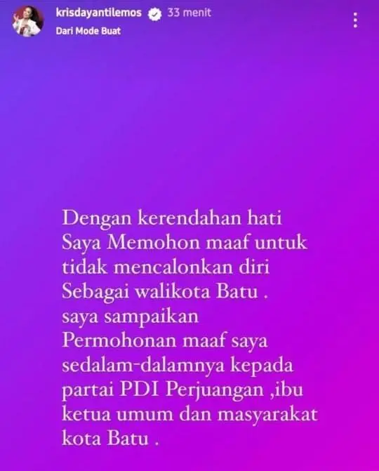 Tangkapan layar unggahan KD mundur dari kontestasi Pilwali 2024. Foto: @krisdayantilemos