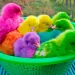 Ayam warna-warni yang memiliki risiko berbahaya terhadap kesehatan anak karena mengandung zat pewarna kimia. Foto/Pinterest.