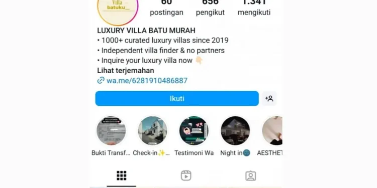 Akun penyedia jasa sewa villa harga murah diduga aktif yang kerap kali memakan korban. Foto: Dok.