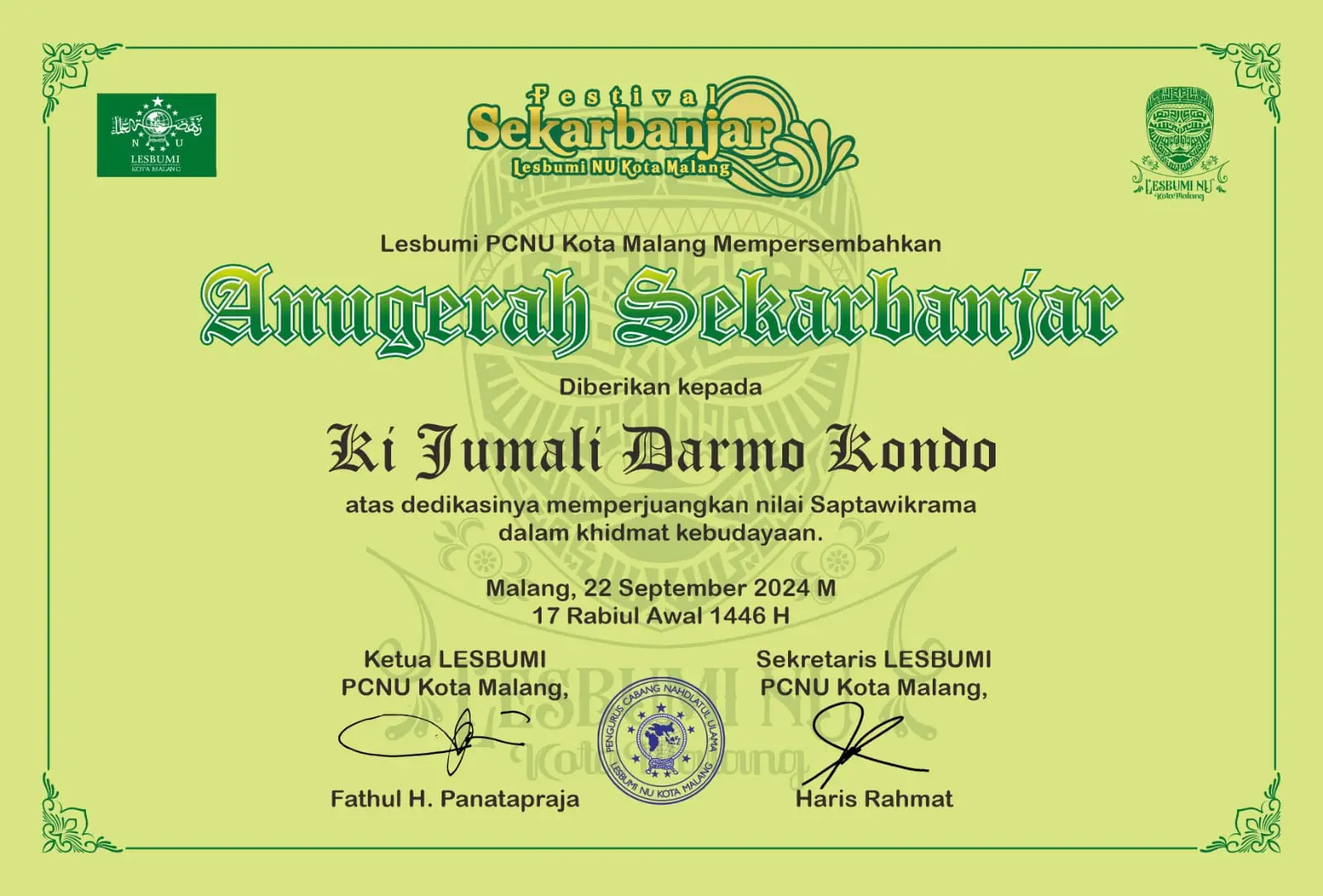 Piagam Anugerah Sekarbanjar Lesbumi. Foto/dok. Lesbumi