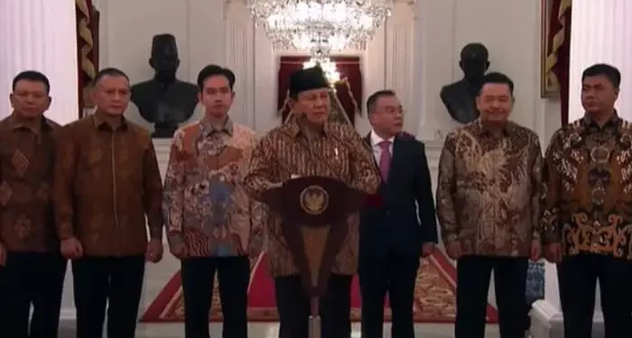 Daftar menteri Kabinet Merah Putih pemerintahan Prabowo – Gibran. /Foto: Tangkapan kanal YouTube Sekretariat Presiden.