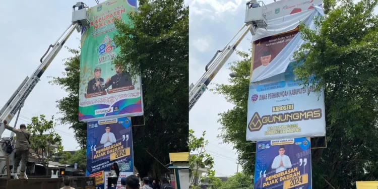 Bawaslu copot baliho bergambar Sanusi. Foto: Bawaslu Kabupaten Malang
