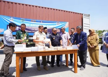 Pj Wali Kota Batu SAries Agung Paewai turut melepas ekspor perdana produk kotak ikan dari Kota Batu ke Meksiko. Foto: Prokopim KWB