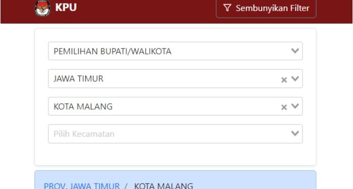Cara cek hasil hitung cepat Pilkada 2024 versi KPU berdasarkan perhitungan sementara di masing-masing TPS. /Foto: Tangkapan layar website pilkada2024.kpu.go.id.