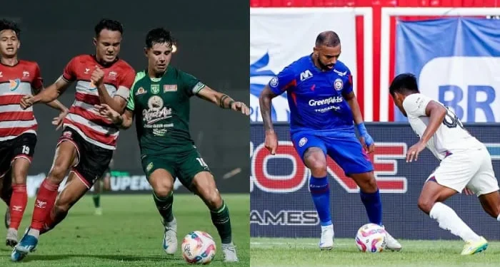 Laga pekan ke-13 BRI Liga 1 2024/2025 menyajikan duel seru Persebaya Surabaya vs Arema FC di Stadion GBT Surabaya, Jawa Timur pada Sabtu (7/12/2024). /Foto: Kolase Instagram @aremafcofficial dan @officialpersebaya.