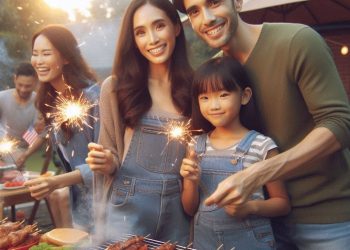 Ilustrasi keluarga bahagia sedang merayakan malam tahun baru dengan BBQ-an dan pesta kembang api. Foto/Bing AI