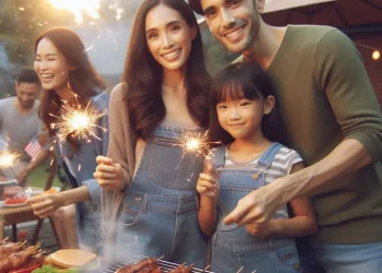 Ilustrasi keluarga bahagia sedang merayakan malam tahun baru dengan BBQ-an dan pesta kembang api. Foto/Bing AI