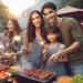Ilustrasi keluarga bahagia sedang merayakan malam tahun baru dengan BBQ-an dan pesta kembang api. Foto/Bing AI