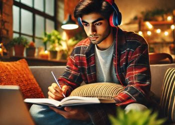 Ilustrasi seseorang sedang belajar sambil mendengarkan musik. Foto/bing AI