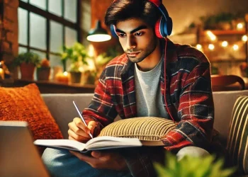 Ilustrasi seseorang sedang belajar sambil mendengarkan musik. Foto/bing AI