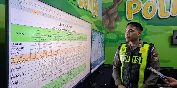 Kepala Pos Pelayanan Karanglo, Iptu Achmad Akromsyah menunjukkan data kendaraan yang masuk wilayah Kabupaten Malang. Foto: Aisyah Nawangsari Putri