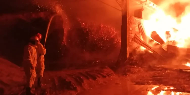 Petugas melakukan pemadaman di gudang serbuk kayu yang terbakar. Foto: Damkar Kabupaten Malang