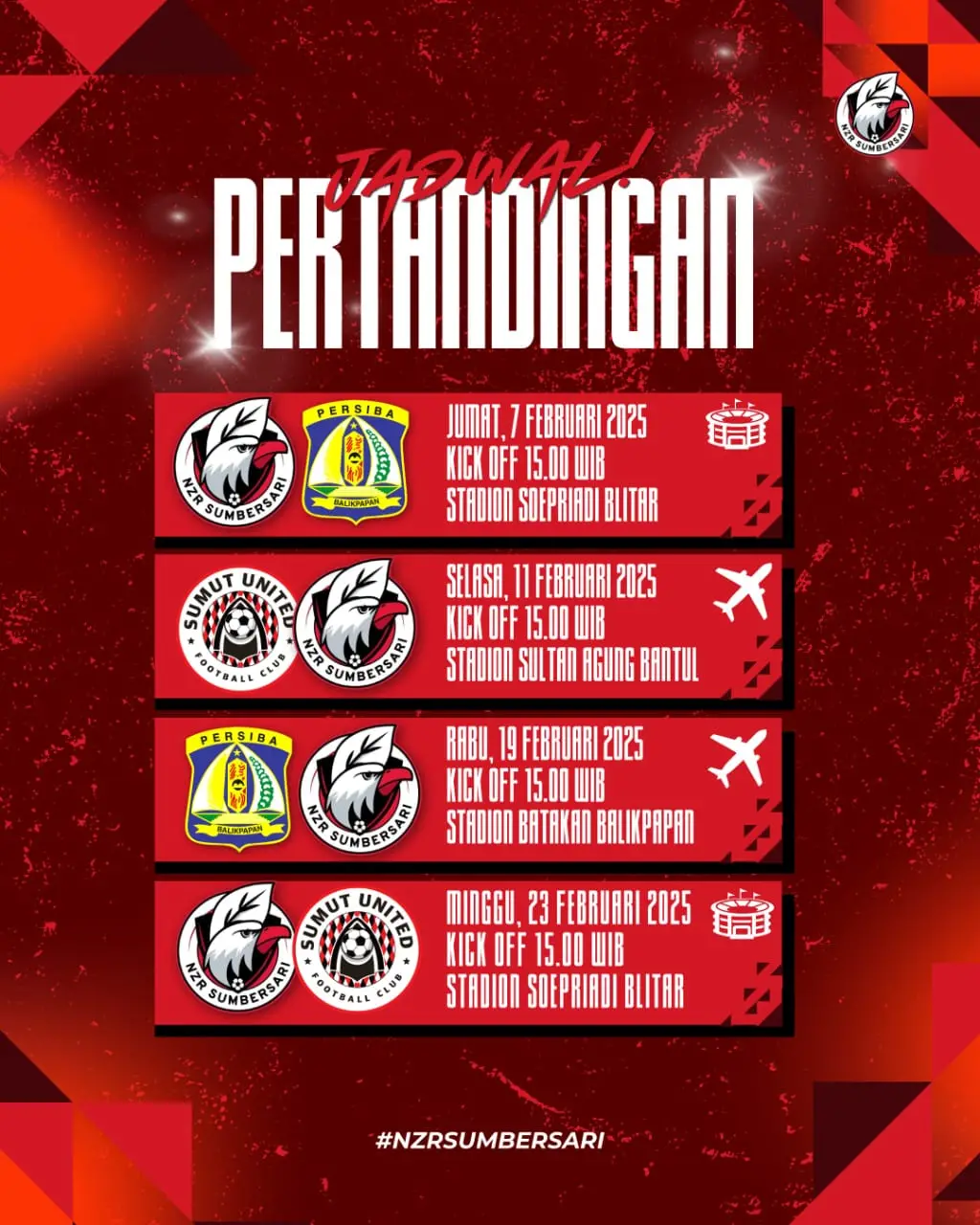 Jadwal pertandingan NZR Sumbersari di Babak 6 Besar PNM Liga Nusantara 2024/2025./Foto: Instagram @nzrsumbersari