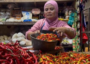 Pedagang cabai eceran menunjukkan stok cabai miliknya. (Foto/M Sholeh)