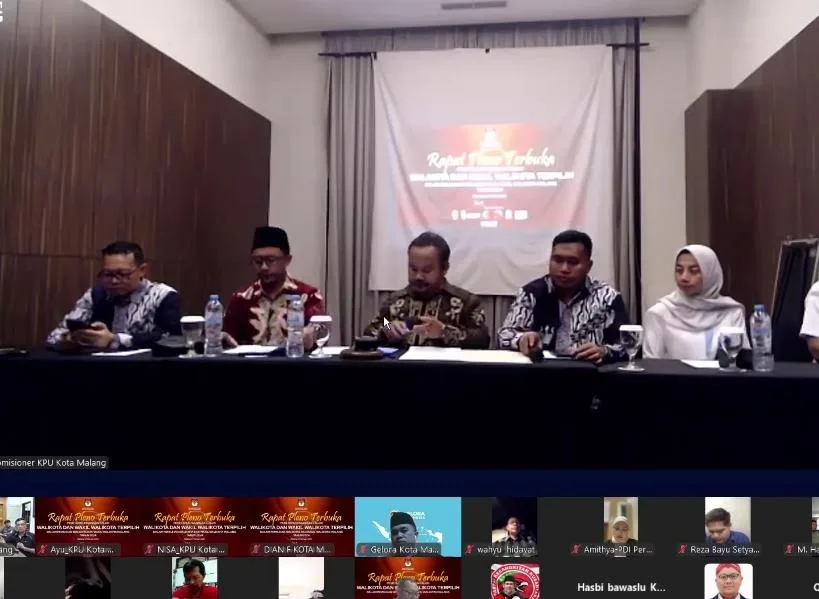 Sidang pleno KPU Kota Malang yang memutuskan Wahyu Hidayat dan Ali Muthohirin sebagai Wali Kota dan Wakil Wali Kota Malang terpilih secara virtual. (Foto/tangkapan layar)