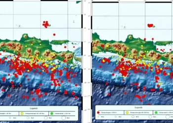 Peta sebaran pusat gempa bumi di Jawa Timur pada Januari 2025 (kiri) dan Februari 2025 (kanan). Foto: BMKG Stasiun Geofisika Kelas III Malang