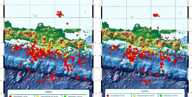 Peta sebaran pusat gempa bumi di Jawa Timur pada Januari 2025 (kiri) dan Februari 2025 (kanan). Foto: BMKG Stasiun Geofisika Kelas III Malang