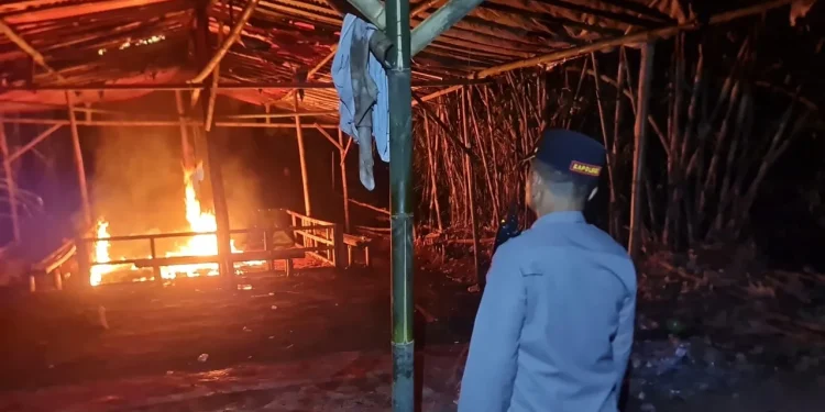 Petugas membakar arena judi sabung ayam di Karangploso agar tak lagi bisa digunakan. Foto: Polres Malang