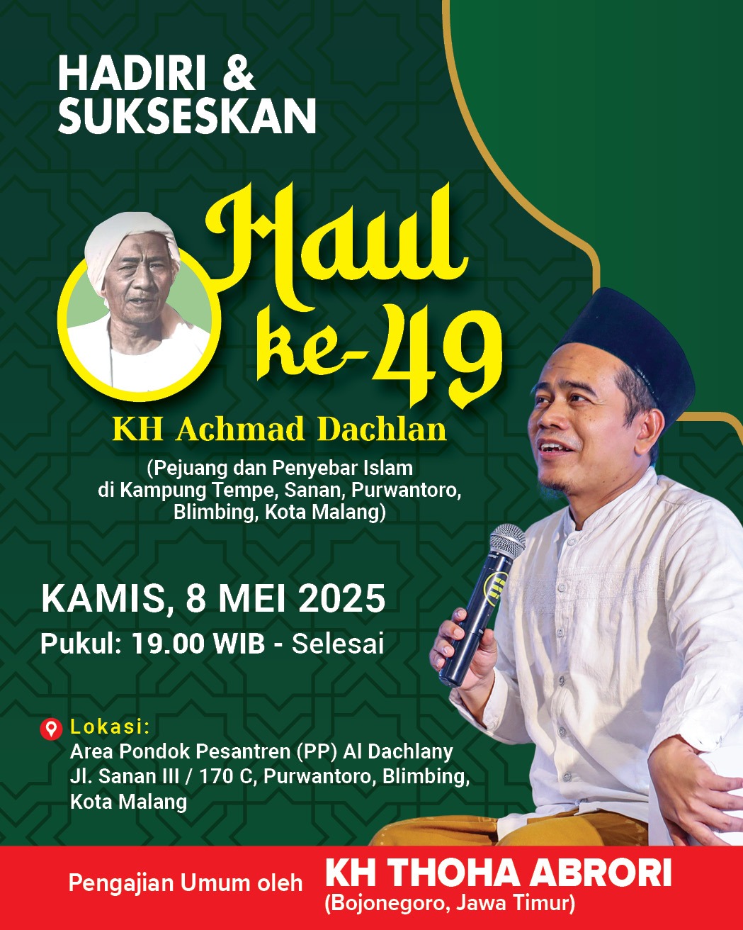 KH Thoha Abrori akan hadir di Sanan, Kota Malang dalam acara Haul KH Achmad Dachlan.