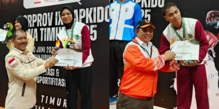 Seputih Hati Imani (kiri) dan Indra Mughni (kanan) saat pengalungan medali. Foto: KONI Kabupaten Malang
