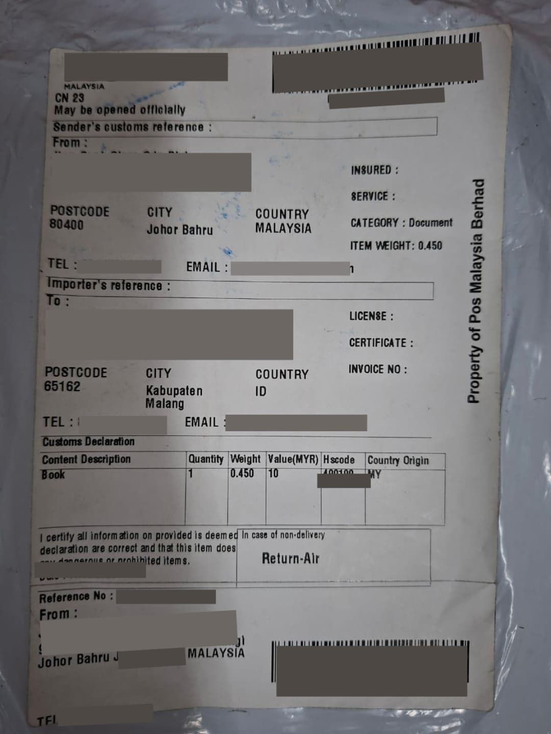 Resi paket berisi ganja dari Malaysia yang dikirim ke Kabupaten Malang. Foto: Polres Malang